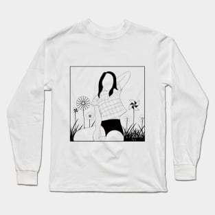 MINIMALIST GIRL PORTRAIT IN A BOX FLOWERS BLACK AND WHITE LINEART Long Sleeve T-Shirt